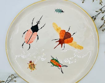 Handmade Ceramic Dinner Plate – Colorful Bugs Design – Nature Inspired Tableware – Whimsical Gift