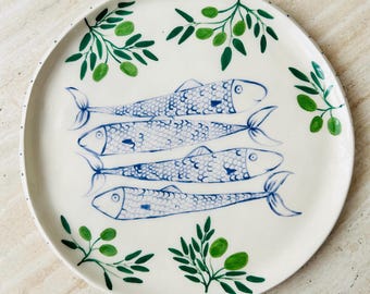 Handmade Ceramic Plate – Italian decor – Sardine Design Plate – Fish Painted Ceramics