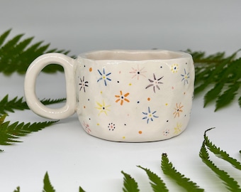 Handmade Ceramic Mug – Floral Pattern Cup – Hand Painted Flowers – Rustic Pottery Gift