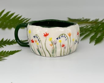 Handmade Ceramic Mug – Wildflower Meadow Design – Nature Inspired Pottery – Rustic Coffee Cup