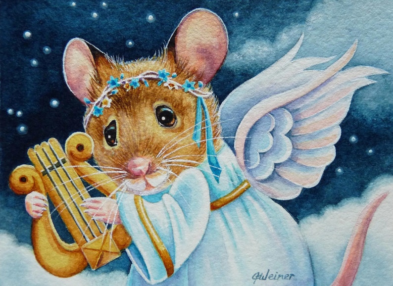 Christmas Angel Mouse Playing Lyre Limited Edition ACEO Giclee | Etsy