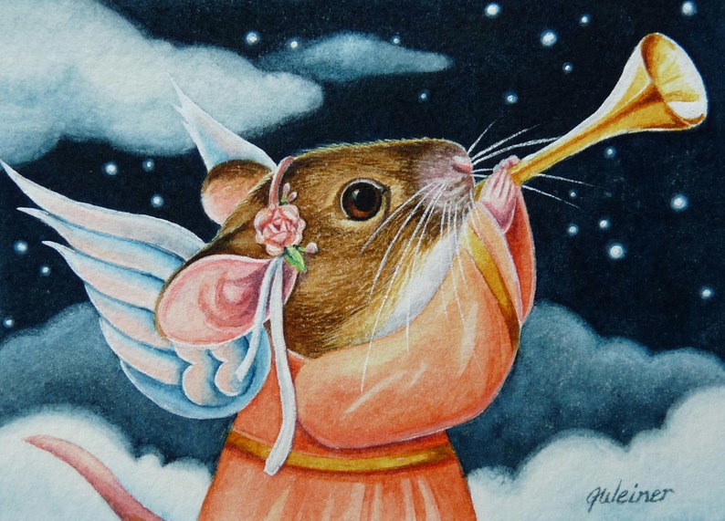 Christmas Angel Mouse Sounding Trumpet Limited Edition Aceo Giclee Print Reproduced From The Original Watercolor - 
