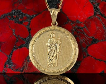 St. Jude Thaddeus Medallion Pendant Necklace 10K 14K Yellow Gold Religious Medallion