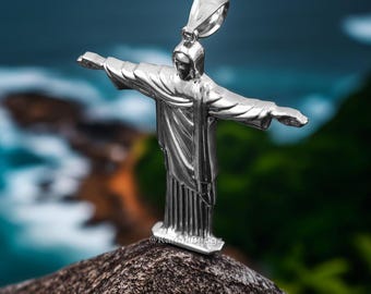 Sterling Silver Jesus Christ the Redeemer Cross Pendant Rio Brazil Statue Charm Religious Jewelry