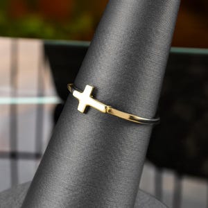 Gold Sideways Cross Ring Dainty Minimalist Stacking Band 10K 14K Yellow White Rose, Tiny