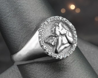 Sterling Silver Cupid Cherub Angel Halo CZ Round Signet Ring | Handmade Religious Jewelry