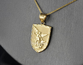 Gold St. Michael Shield Pendant Necklace | Protection Charm | 10K 14K Yellow White Rose Two-Tone