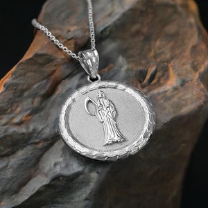 Sterling Silver Santa Muerte Medallion Pendant Necklace | Day of the Dead Jewelry | Unisex Protection Amulet
