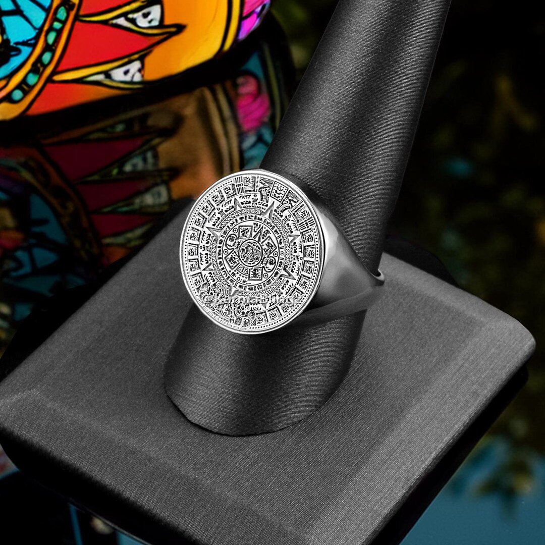 Sterling Silver Aztec Mayan Sun Calendar Men’s Signet Statement Ring - Etsy