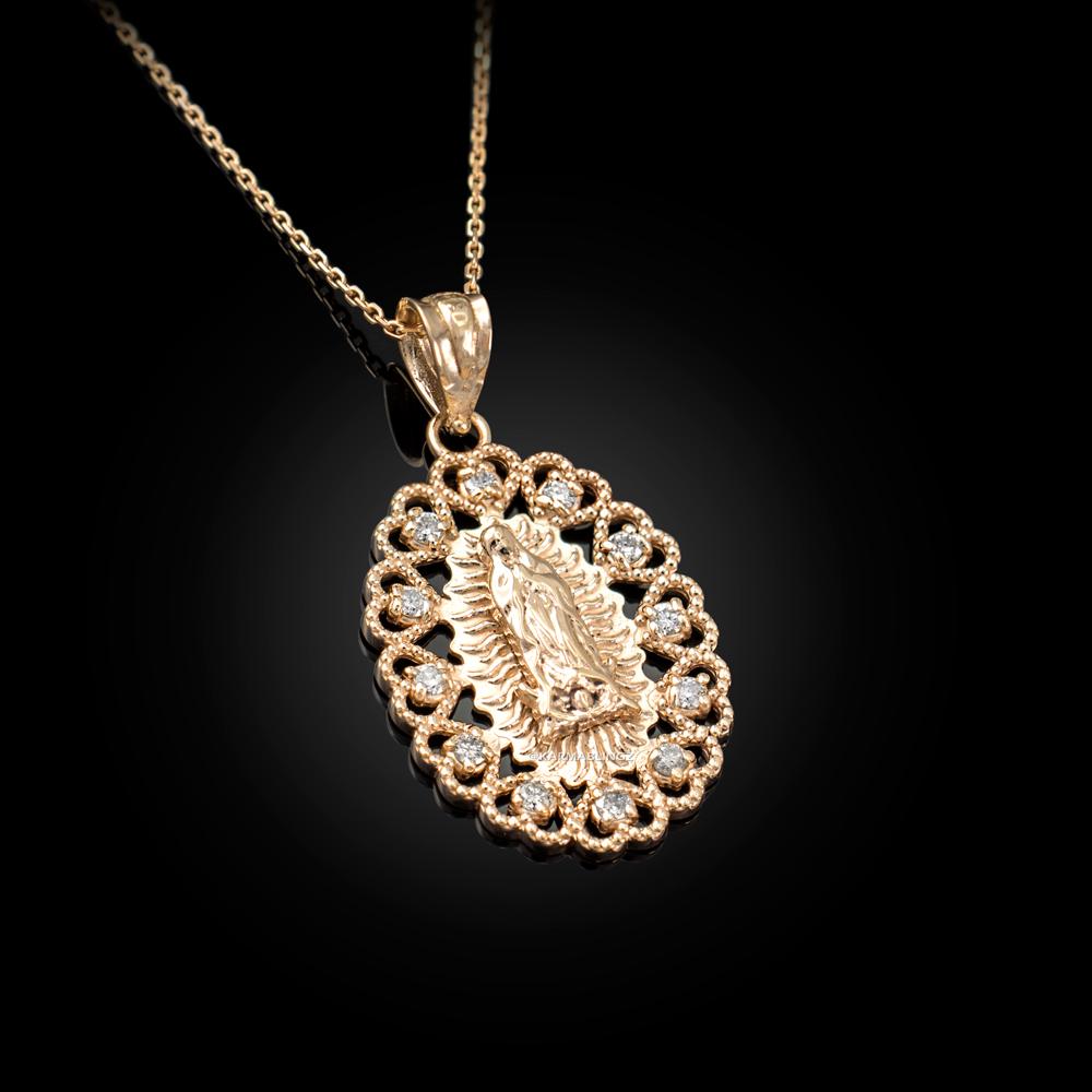 Virgin Mary Lady of Guadalupe Filigree CZ Pendant Necklace: Yellow Gold ...