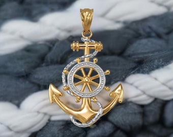 Gold Nautical Wheel & Anchor Pendant Necklace | 10k, 14k Yellow, White, Rose, Two-Tone | Unisex Marine Jewelry