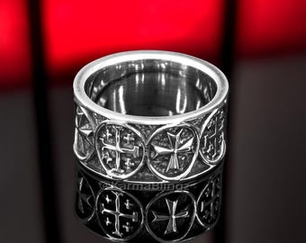 Oxidized Solid Sterling Silver Crusader Cross Gothic Ring, Jerusalem Maltese Cross Band Knights Templar