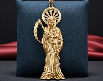 Gold Santa Muerte Pendant | 10k & 14k Yellow, White, Rose Gold | Handmade Religious Charm