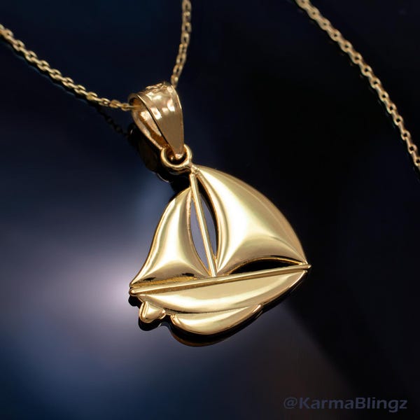 Polished Gold Sailboat Pendant Necklace | 10k & 14k Yellow, White, Rose Gold