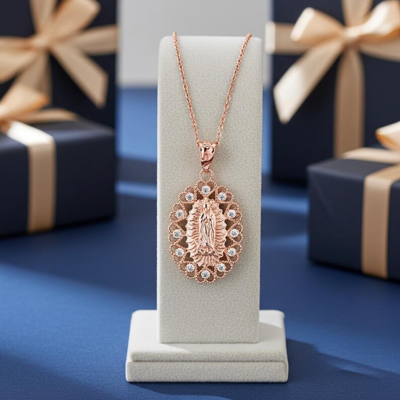 Virgin Mary Lady of Guadalupe Filigree CZ Pendant Necklace: Yellow Gold ...