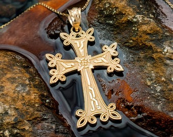 Gold Armenian Reversible Cross Pendant Necklace | Save & Protect Charm | Yellow, White, Rose Gold | 10K / 14K