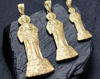 14k Solid Gold Saint Jude San Judas Matte Satin Half Body Charm Pendant Necklace - Diamond Cut Religious Jewelry for Men Him and Women Her