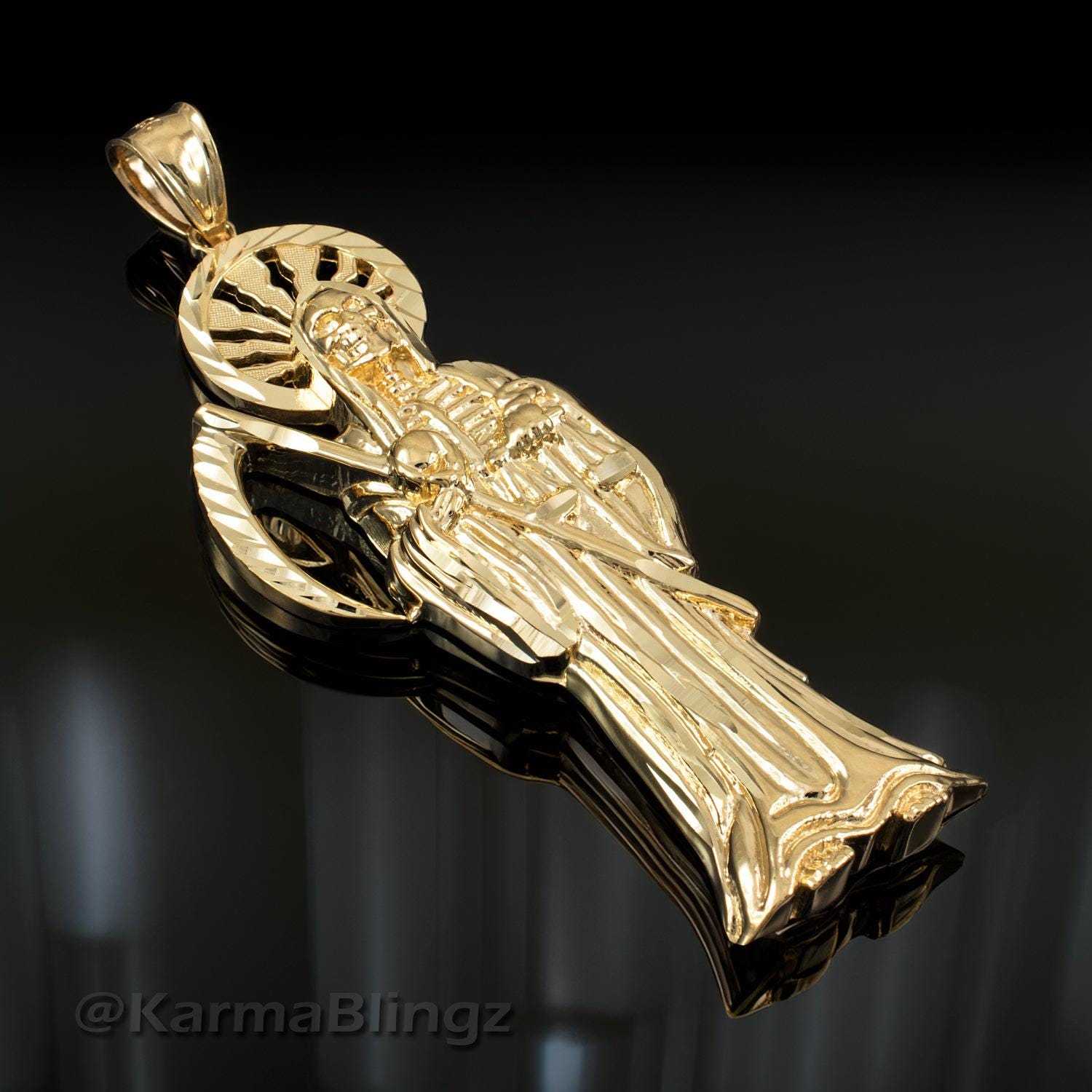 14K Tri-Color Gold Santa Muerte Charm Pendant With CZ - 24 X 15 Mm, Real Gold, Cubic Zirconia Detail
