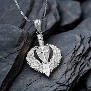 Sterling Silver Crusader Winged Sword & Shield Medieval Pendant Necklace