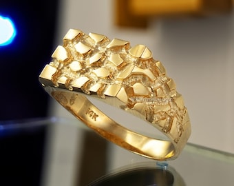 Men’s Rectangular Nugget Ring 14K/10K Yellow Gold Bold Textured Band