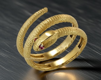 Solid Gold Coiled Snake Ring with Ruby Gemstone Eyes – 10K & 14K Textured Wrap Band
