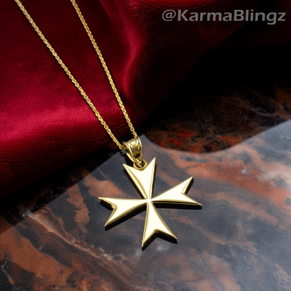 Polished Gold Maltese Cross Pendant Necklace: Yellow, White, Rose