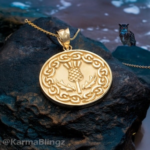 Gold Scottish Thistle Medallion Pendant | 10k & 14k Yellow, White, Rose Gold | Handmade Jewelry