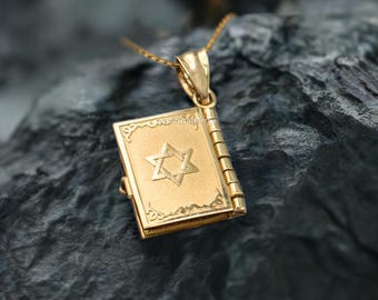 Gold Judaic Bible Locket with 10 Commandments 3D Book Necklace | Hebrew Scripture Pages | 10k & 14k Yellow, White, Rose Gold