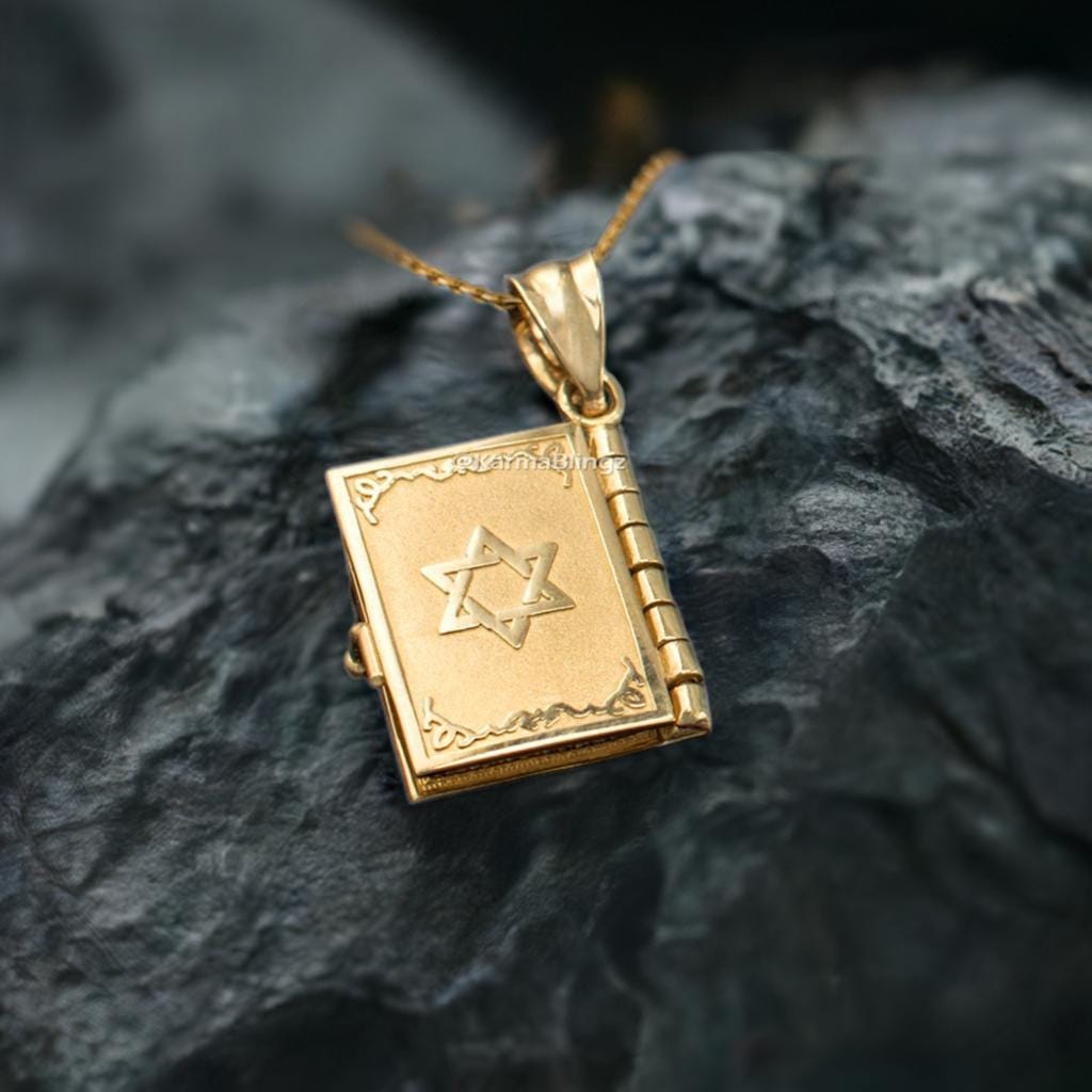 Gold Judaic Bible Locket Necklace: 10 Commandments 3D Book, Hebrew Scripture