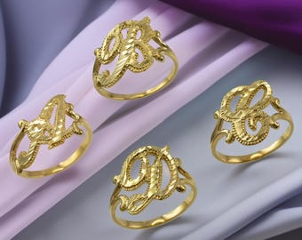 10K Yellow Gold Initial Ring Sparkle-Cut Cursive Monogram Letters