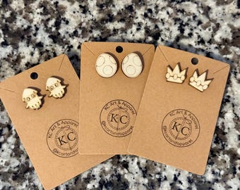 Laser Engraved Wood Mario Earrings: Video Game Jewelry