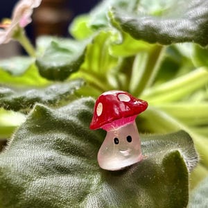 May include: A miniature mushroom figurine with a red cap and white spots, and a clear body with a smiling face. The figurine is set on a green leaf, with other green leaves in the background.