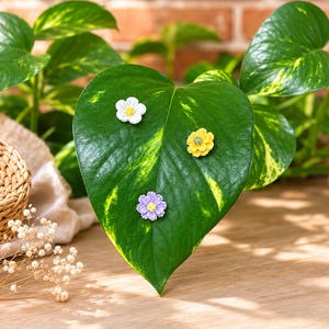 May include: Three small, colorful flower-shaped pins are attached to a large, green leaf with yellow variegation. The flowers are white, yellow, and purple. The leaf is on a wooden surface, with green plants and a brick wall in the background.