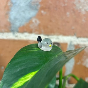 May include: A small glass bird figurine with a gray body, black tail, and yellow beak. The bird is perched on a green leaf.