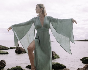Organic Forest Green Dragon Dress • Boho Bridesmaid Dress • Adjustable Robe Dress • Greek Goddess Dress • Priestess Dress
