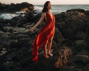 Red Boho Bridesmaid Dress  Casual Cocktail Wedding Guest  Handmade  Goddess V Neck Braids - Etsy
