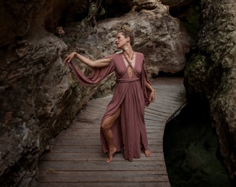 Organic Dusty Rose Artemis Dress • Boho Bridesmaid Dress • Adjustable Braided Robe Dress • Greek Goddess Dress • Priestess Dress