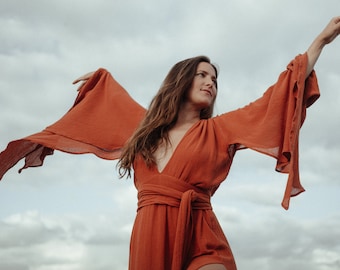 Organic Cotton Robe Dress: Burnt Orange Boho Goddess Gown