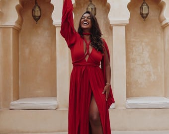 Organic Cotton Goddess Dress – Tantrika Red Braided Robe | Boho Maternity & Ceremony Gown