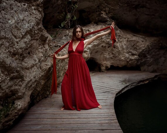 Organic Aurora Red Tantrika Dress * Boho Bridesmaid Dress * Greek Goddess Dress * Priestess Dress * Multi-way Adjustable Dress