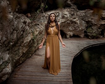 Organic Aurora Tobacco Dress • Boho Bridesmaid Dress • Greek Goddess Dress • Priestess Dress • Multi-way Adjustable Dress