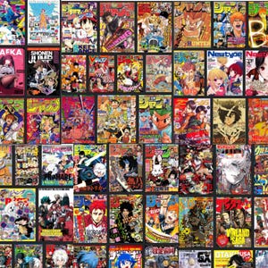 May include: A collage of colorful Japanese manga magazines, featuring various anime and manga titles. The covers display vibrant illustrations of characters and scenes, with text in Japanese and English. The collection includes titles like "Shonen Jump" and "Hunter x Hunter."