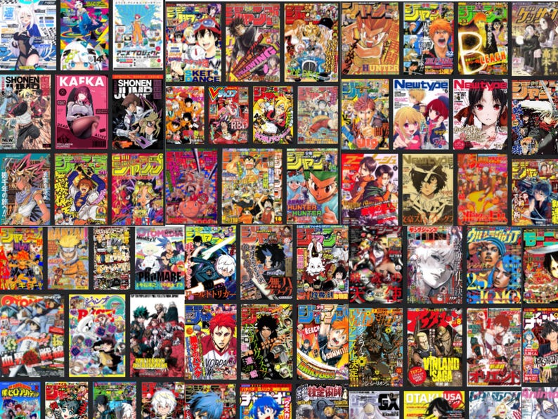 May include: A collage of colorful Japanese manga magazines, featuring various anime and manga titles. The covers display vibrant illustrations of characters and scenes, with text in Japanese and English. The collection includes titles like "Shonen Jump" and "Hunter x Hunter."