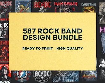 May include: A yellow rectangle with the text "587 ROCK BAND DESIGN BUNDLE" in black text and "READY TO PRINT - HIGH QUALITY" in smaller black text. The rectangle is surrounded by a collage of images of rock band logos, including AC/DC, Iron Maiden, and Def Leppard.