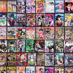 May include: A grid of colorful Japanese magazines featuring anime and manga characters. The covers display various illustrations, titles, and text. The magazines are in different sizes and orientations, creating a visually diverse collection.