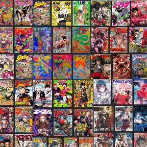 May include: A grid of colorful Japanese manga magazines. The covers feature various anime characters, vibrant graphics, and Japanese text. Some titles include "NARUTO", "BANANA FISH", and "Newtype". The overall aesthetic is bright and dynamic, showcasing a variety of manga styles.