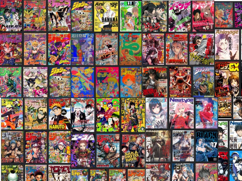 May include: A grid of colorful Japanese manga magazines. The covers feature various anime characters, vibrant graphics, and Japanese text. Some titles include "NARUTO", "BANANA FISH", and "Newtype". The overall aesthetic is bright and dynamic, showcasing a variety of manga styles.