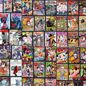 May include: A collage of numerous Japanese manga magazines, featuring vibrant covers with illustrations of anime characters, robots, and action scenes. The magazines display a variety of colors and styles, creating a visually rich and diverse collection.