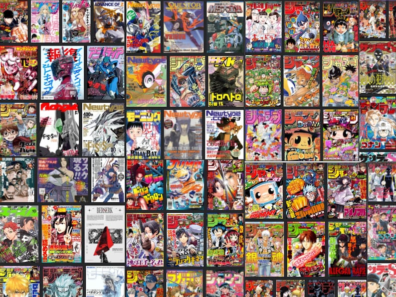 May include: A collage of numerous Japanese manga magazines, featuring vibrant covers with illustrations of anime characters, robots, and action scenes. The magazines display a variety of colors and styles, creating a visually rich and diverse collection.