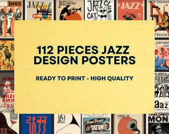 May include: A collage of 112 vintage jazz poster designs, featuring musicians, instruments, and stylized lettering. The posters are in various colors, including red, blue, yellow, and black. The text "112 PIECES JAZZ DESIGN POSTERS" is displayed in bold, black letters on a yellow background. The text "READY TO PRINT - HIGH QUALITY" is displayed in smaller, blue letters on the yellow background.